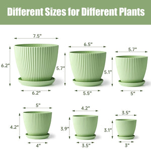 BTPLASTIK Plant Pots 6 Pack, Multi-Size Flower Pots with Drainage Holes & Saucers, Plastic Planters for Indoor Outdoor Plants (Green)