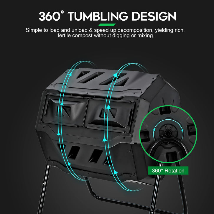 F2C Compost Bin Outdoor Dual Chamber Tumbling Composter 43 Gallon BPA Free Large Tumbler Composters Tumbling or Rotating w/Sliding Doors & Solid Steel Frame Garden Yard (Black)