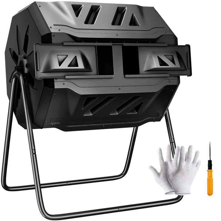 F2C Compost Bin Outdoor Dual Chamber Tumbling Composter 43 Gallon BPA Free Large Tumbler Composters Tumbling or Rotating w/Sliding Doors & Solid Steel Frame Garden Yard (Black)