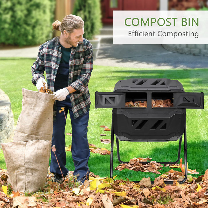 F2C Compost Bin Outdoor Dual Chamber Tumbling Composter 43 Gallon BPA Free Large Tumbler Composters Tumbling or Rotating w/Sliding Doors & Solid Steel Frame Garden Yard (Black)