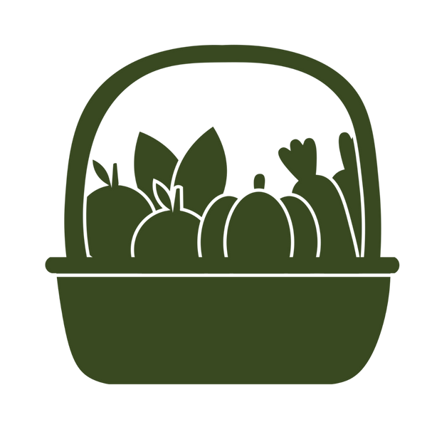 Harvest basket filled with vegetables and leafy greens.