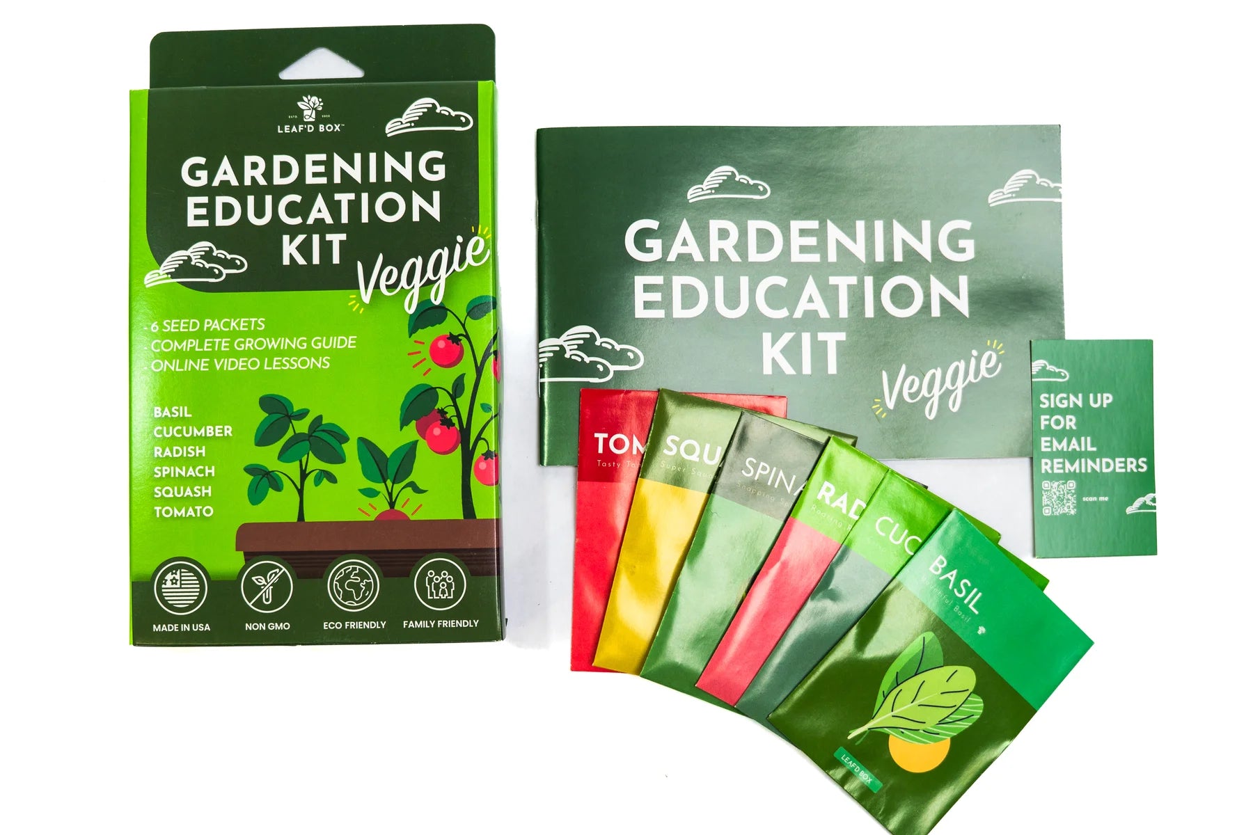 vegetable garden seed kit Leaf'd Box Gardening Education Kit with Basil, Cucumber, Radish, Spinach, Squash, and Tomato Seeds