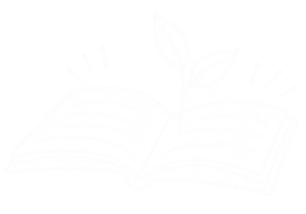 White outline of an open book with a seedling growing from its pages.