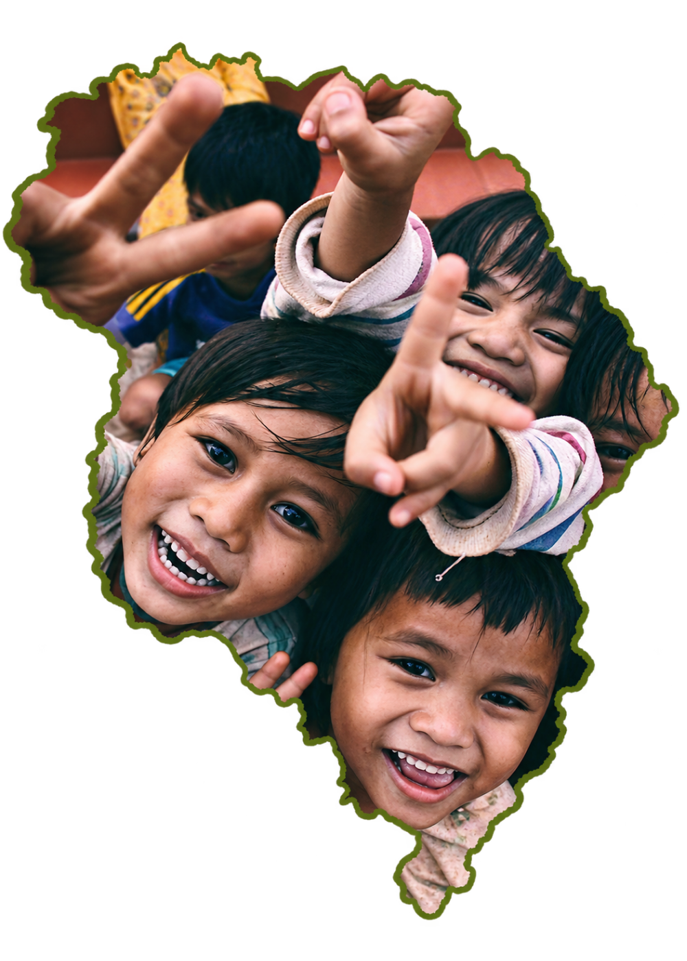 Smiling children making peace signs within a South America-shaped photo cutout.