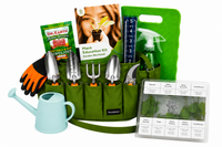 Plant Education Kit PLUS (Fall 2) - Elementary (Region 1) featuring gardening tools, gloves, watering can, fertilizer, plant tester, garden workbook, kneeling pad, and vegetable seedlings.