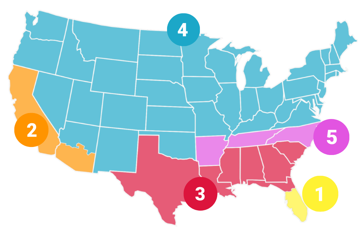 Map of the United States showing Leaf’d Box growing regions 1 through 5.