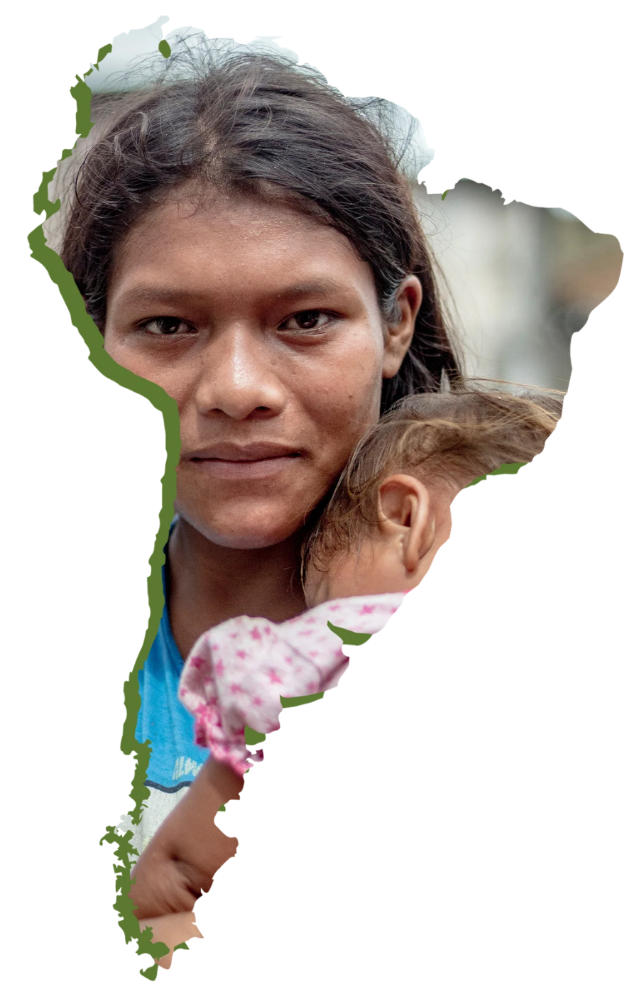 Woman holding a young child within a South America-shaped photo cutout.