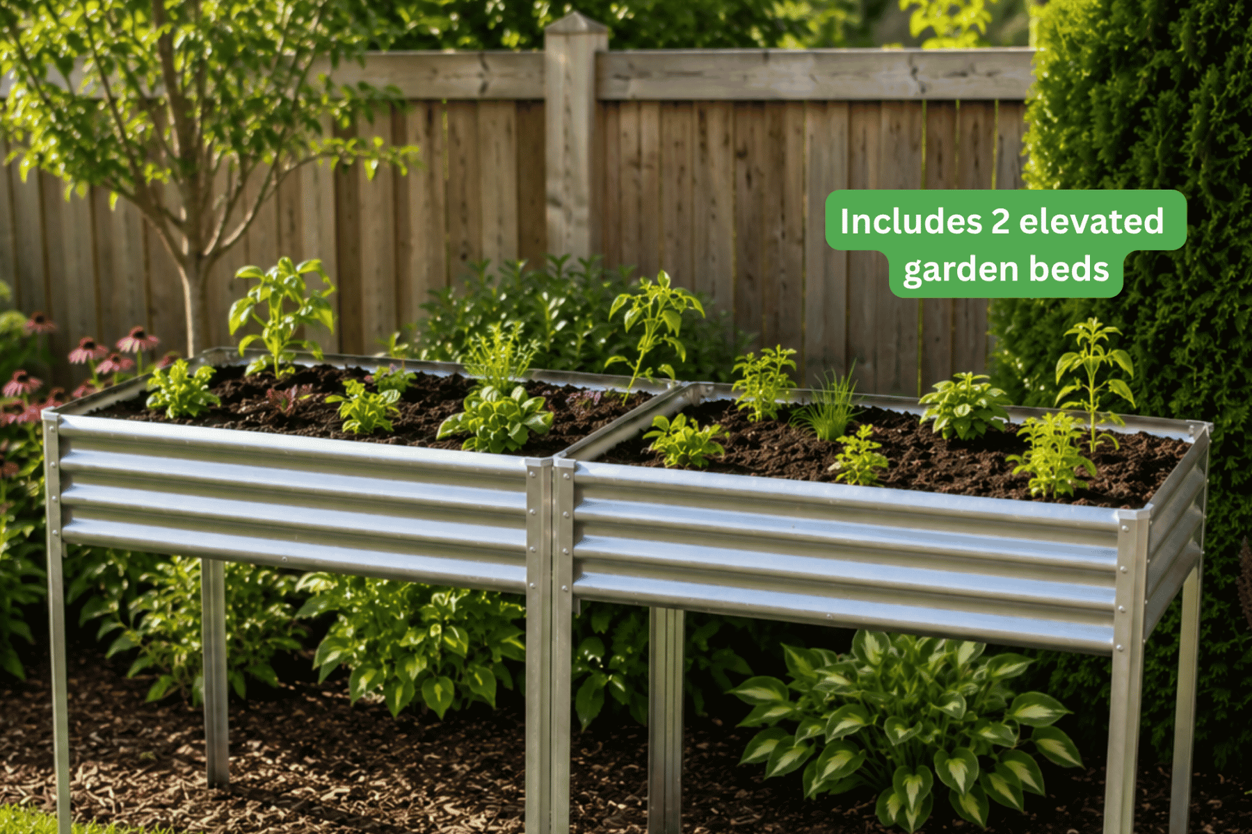 Two Elevated Garden Beds with Live Plantlings