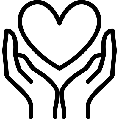 Outline of hands holding a heart representing volunteers and care.